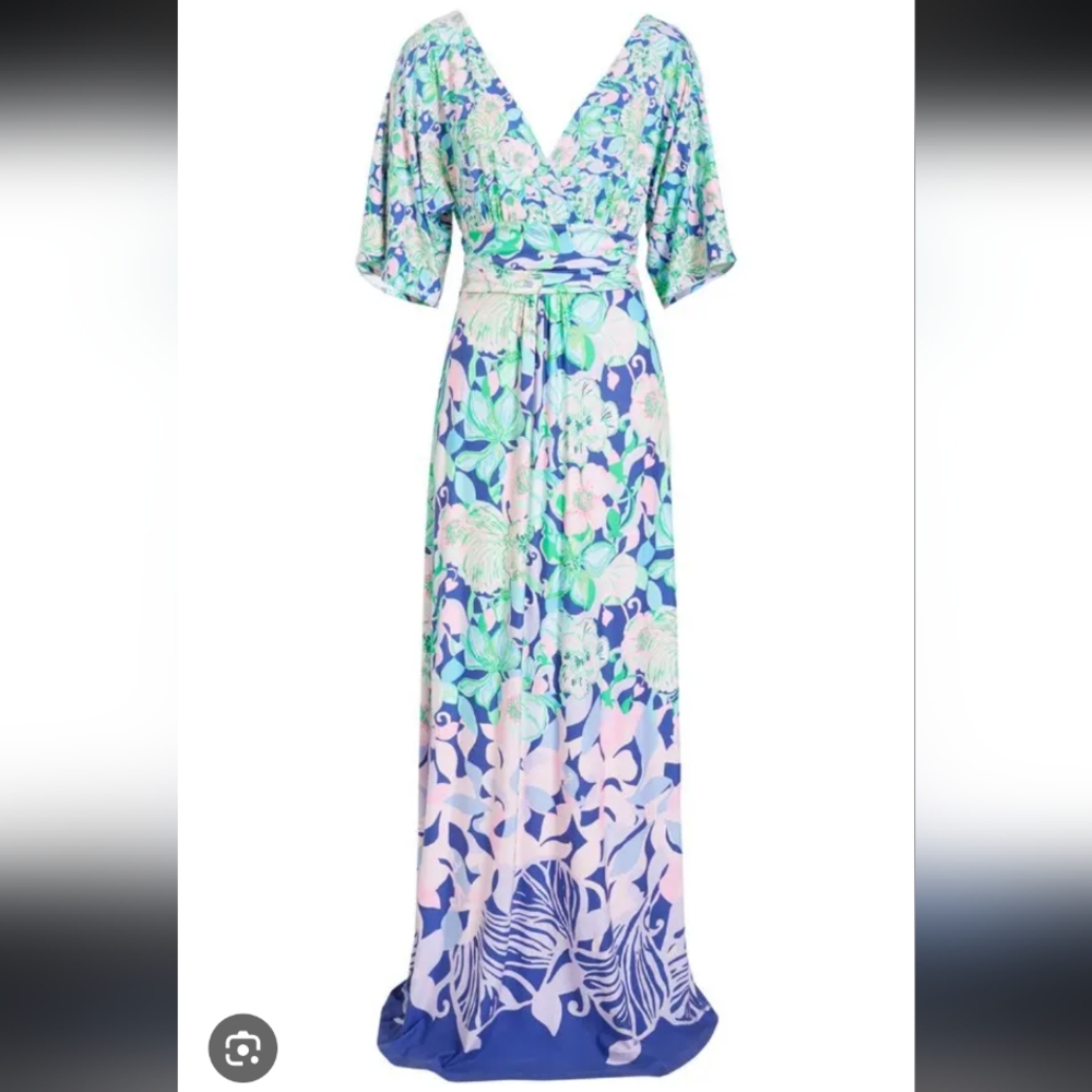 Lilly Pulitzer Floral V-Neck Maxi Dress in Blue, Mint & Pink